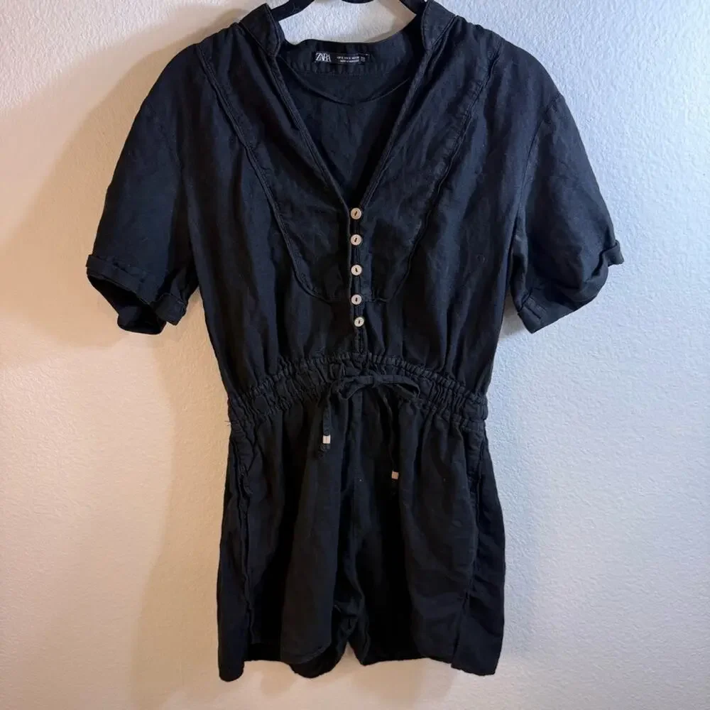 ZARA Linen Black Button Romper